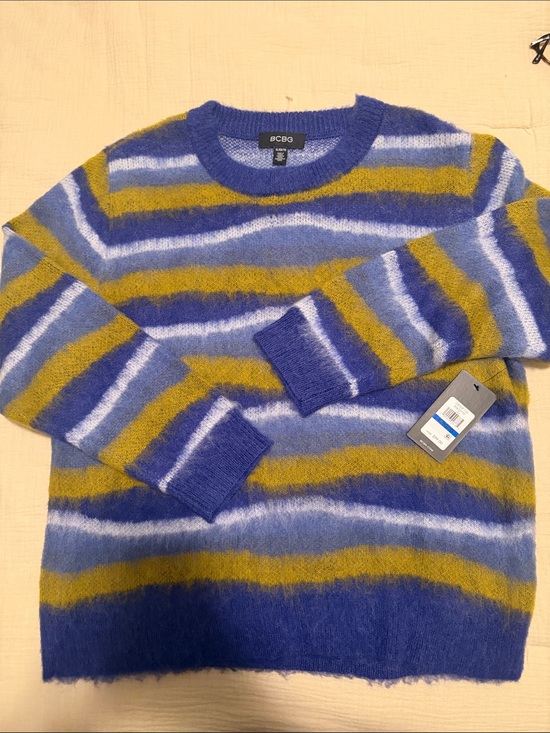 BCBG Sweaters - BCBG Blue, Mustard & White Striped Crewneck Sweater